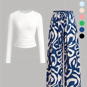 Chic Blue and White Patterned Wide Leg Pants